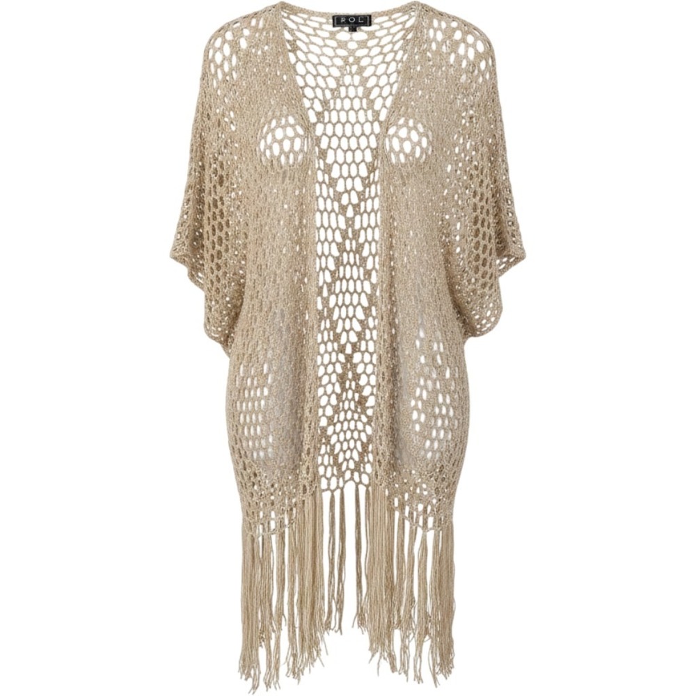 POL Crochet Cardigan Women Medium Beige Boho Fringe Open Front Festival Hippie